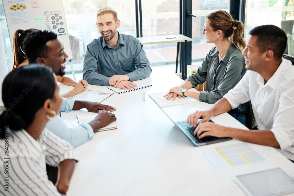 Business meeting group, diversity office with happiness or social