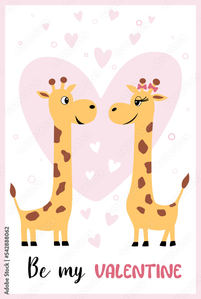 Naklejka premium Vector greeting card with a pair of giraffes in love with a lot of hearts on a white background. Ready-made Greeting illustration Happy Valentine's Day for print, banners, prints, social networks ets.