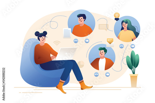 Gradient concept Video chatting with people scene in the flat cartoon design. Girl communicates with friends in a video chat while staying at home. Vector illustration.