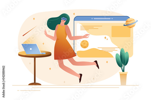 Metaverse gradient concept with people scene in the flat cartoon style. Girl plunged into the virtual space with the help of innovation technologies and gadgets. Vector illustration.