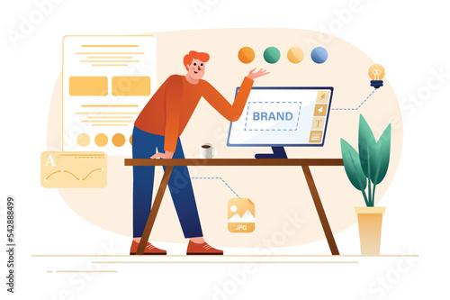 Gradient concept Branding with people scene in the flat cartoon design. Creative designer develops a concept for a new brand. Vector illustration.