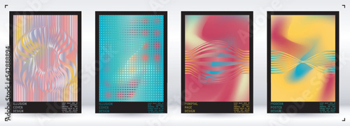 Geometrical Poster Design with Optical Illusion Effect.  Minimal Psychedelic Cover Page Collection. Colorful Wave Lines Background. Fluid Stripes Art. Swiss Design. Vector Illustration for Placard.