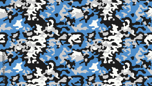 Military blue camouflage, seamless texture. Camo pattern for sporty clothing, fabric print. Repeats vector background.