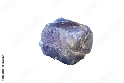 Real raw hexagonal deep blue sapphire, aluminium corundum crystal uncut natural stone macro isolated on a white surface background photo