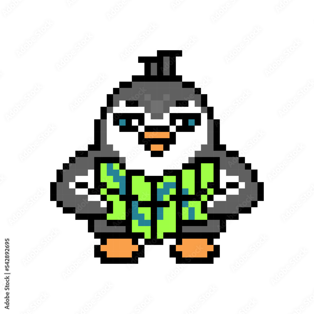 Penguin holding a map, pixel art animal character isolated on white background. Old school retro 80s, 90s 8 bit slot machine, computer, 2d video game graphics. Cartoon traveler mascot. Hiking logo. Penguin holding a map, pixel art animal character isolated on white background. Old school retro 80s, 90s 8 bit slot machine, computer, 2d video game graphics. Cartoon traveler mascot. Hiking logo.