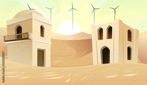 Arab clay hut. Wind turbines in sandy desert. Middle Eastern adobe dwelling. Africa and Asia traditional house. Vector.