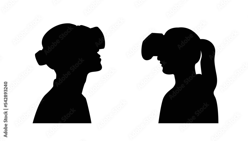 Metaverse's digital cyberspace technology depicts a dark silhouette of a man and a woman wearing augmented reality glasses. vector illustration