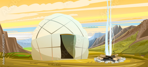 Yurt in tundra. Smoking fire. Against backdrop of mountains. Dwelling of northern nomadic peoples in Arctic. From felt and skins. illustration vector.
