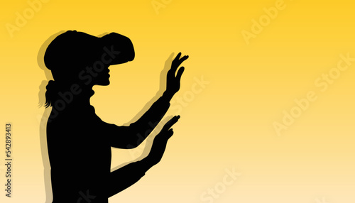 concept of virtual reality technology, graphic of a user wearing VR head-mounted with Metaverse interface. 