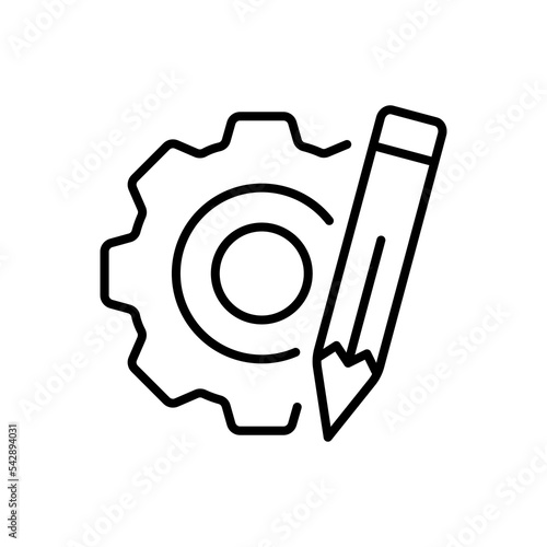 Gear with pencil line icon. Draw, drawing, project, architecture, engineering, engineer, architect, construction, model, design, plan, settings, fix, repair. Technology concept. Vector line icon