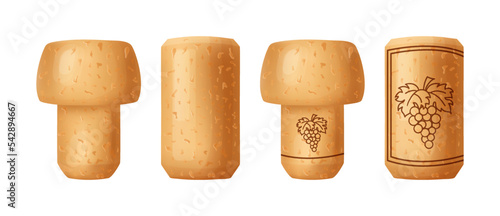 Set cork stopper wooden taps. Wine bung in cartoon. Corkwood plug with grape bunch. Vector illustration on white background