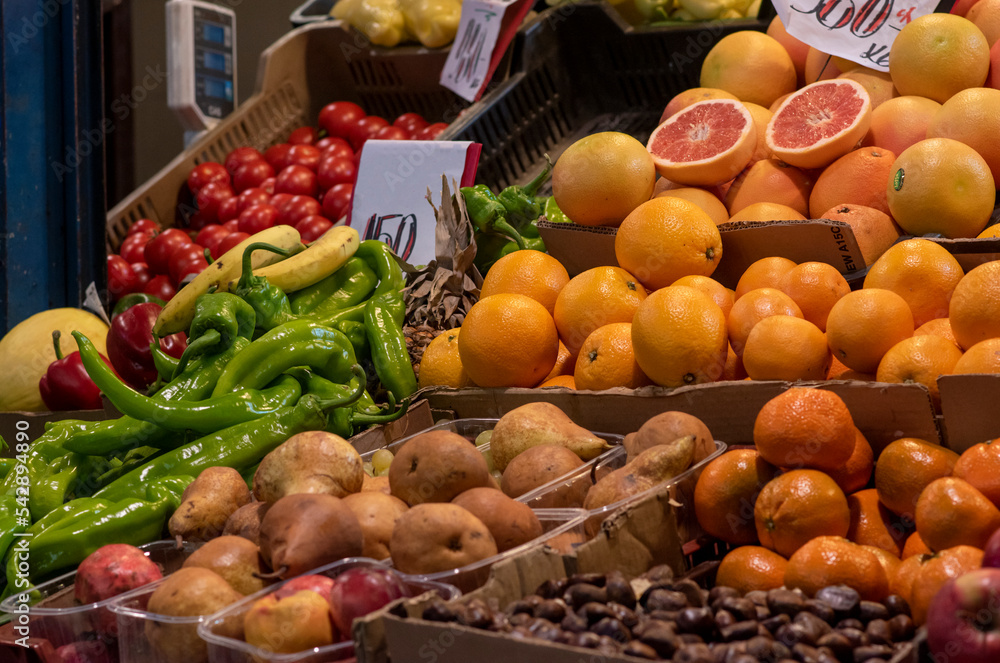 Closeup of a vegetable and fruit stall at a local market grocery shop in Eastern Europ