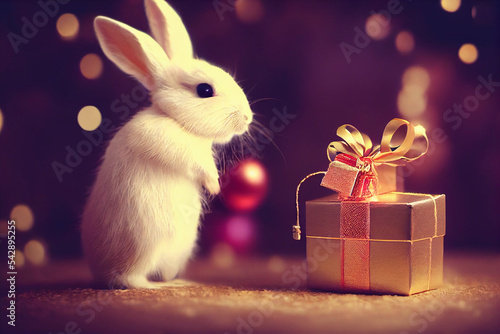 cute rabbit with a giftbox for a thankgiving , christmas , easter celebrate © slonme