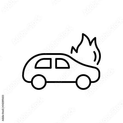 Burning car line icon. Accident, fire, overheating, engine, not to manage, drivers license, drunk driving, extinguish, crash into an obstacle, hood, sign. Road traffic concept. Vector line icon