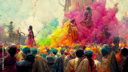 people celebrating for holi festival of colour in nepal , india illustation design