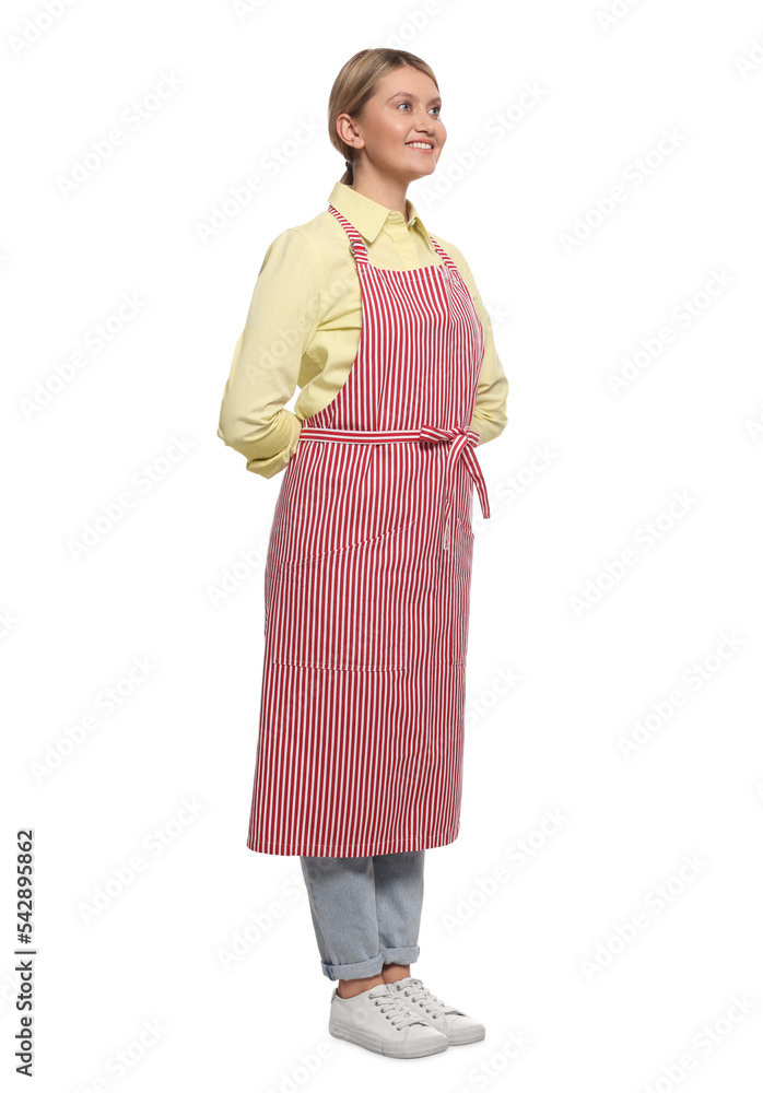 Beautiful young woman in clean striped apron on white background Beautiful young woman in clean striped apron on white background