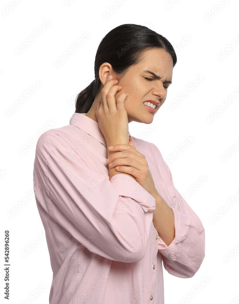 Young woman suffering from ear pain on white background Young woman suffering from ear pain on white background