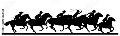 Cowboys ride horses. Picture silhouette. Riders on horseback. Isolated on white background. Vector