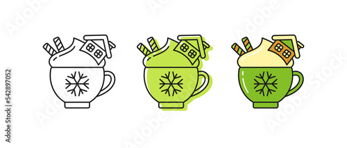 Christmas cups with hot chocolate, macchiato, mocha coffee, frappe or cocoa with whipped cream and cookies. Outline icon for cafe, coffee house with Christmas design. Vector set isolated on background