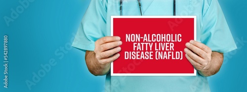 Non-alcoholic fatty liver disease (NAFLD). Doctor shows red sign with medical word on it. Blue background. photo