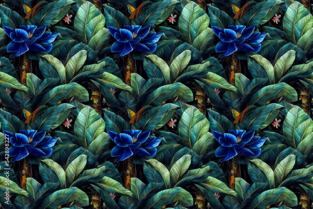 Obraz premium Exotic jungle full of large flowers and fruits. Seamless floral background. Repeat pattern for fabrics, wallpapers, wrappers, greeting cards, wedding invitations, banners, web. 3d illustration