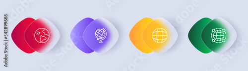 Globes set icon. Navigation equipment, location pointer, travel, tourism, destination, route, cartography, planet earth, navigator, geolocation, gps. Geography concept. Glassmorphism style