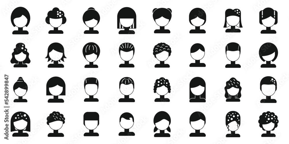 Wig icons set simple vector. Curly girl. Beautiful costume Wig icons set simple vector. Curly girl. Beautiful costume