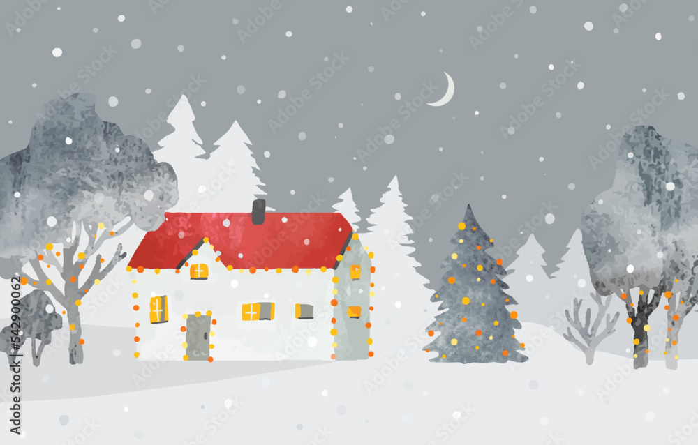 Watercolor Christmas vector landscape. Winter rural landscape with cozy house, Christmas tree and snow.  Hand drawn vector illustration in grey and orange colors for postcard, banner, poster