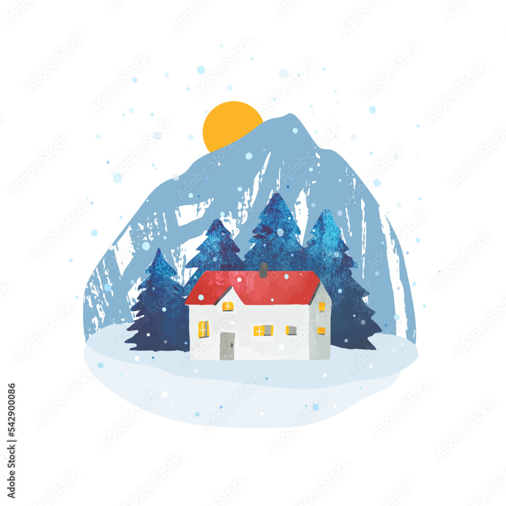 Naklejka premium Watercolor winter vector rural landscape. Mountain, cozy house and snow. Travel concept. Hand drawn illustration for postcard, banner, poster, print
