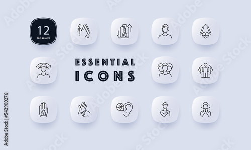 Illness set icon. Chills, limb tremors, fever, body temperature, sweat, pulse, heart rate, dizziness, paralysis, hearing problems, cough, virus, hospitalization. Healthcare concept. Neomorphism style