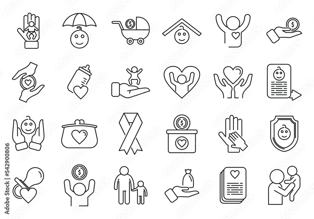 Child support icons set outline vector. Childcare protect. Happy parent Child support icons set outline vector. Childcare protect. Happy parent