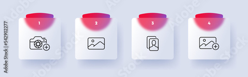 Photos set icon. Picture, landscape, portrait, photography, plus button, add, camera, shooting, reels, creative occupation, creativity, capture the moment, album, gallery. Art concept. Glassmorphism