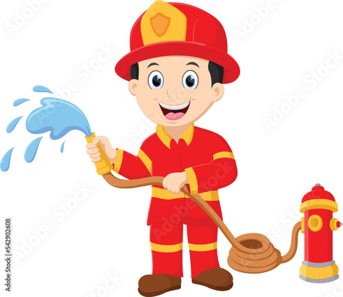 Cartoon Firefighter pours from a fire hose