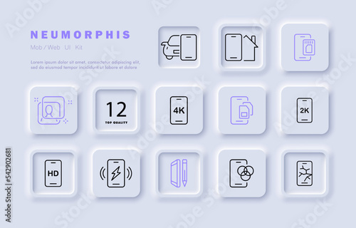 Phone apps set icon. Control car, smart home, memory card, sd card, protective glass, watch video in 4K, 2K, HD, high definition, charge, stylus, color scheme, crack, smash. Technology. Neomorphism