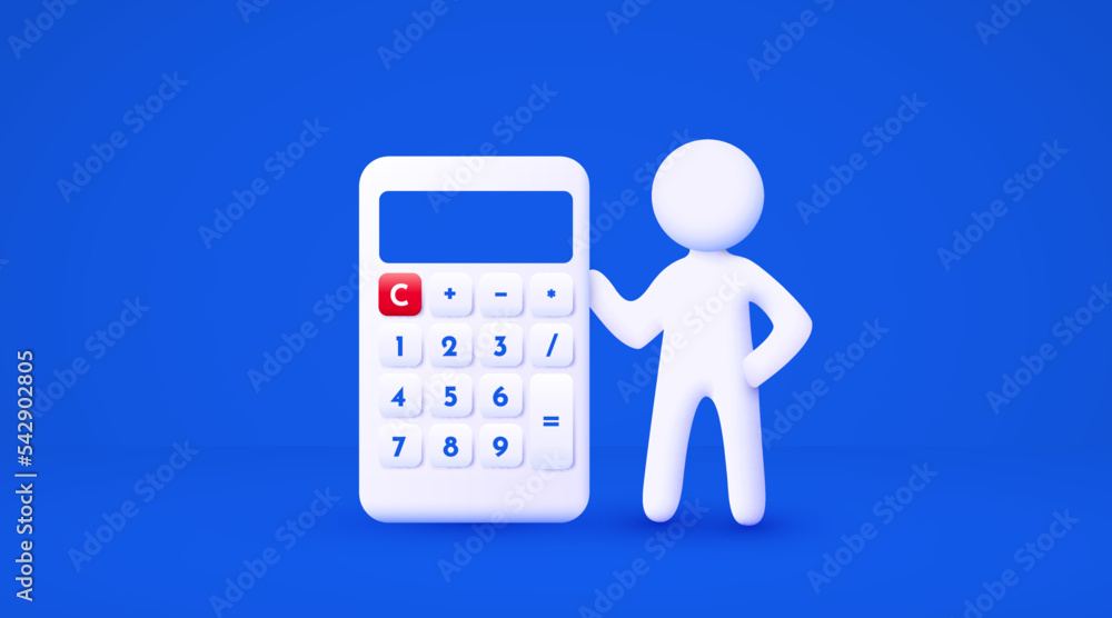 3d white cartoon man holding big calculator. Accounting concept. Isolated blue background. 3d white cartoon man holding big calculator. Accounting concept. Isolated blue background.