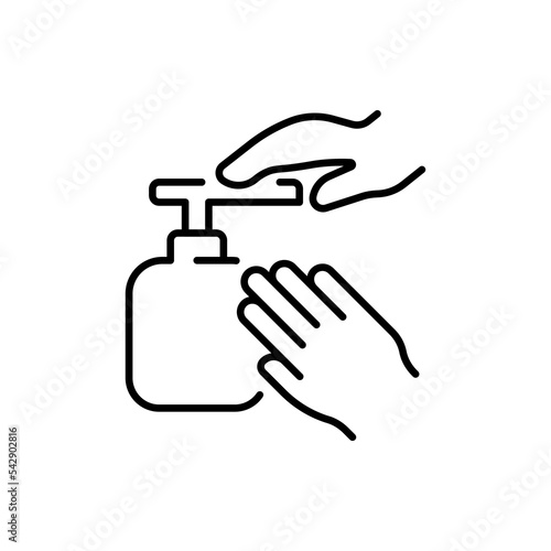 Hands with soap dispenser line icon. Wash hands, take a bath, shower gel, moisturizer, cosmetics, face, cleaner, disinfectant, antiseptic, sanitizer. Personal hygiene concept. Vector line icon