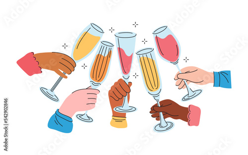 Group people of different nationalities drink sparkling wine or champagne. Friends hands holding glasses cocktail and cheers or drinking toast to friendship. Colored graphic flat vector illustration.