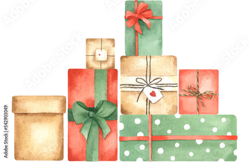 A watercolor pile of gifts drawn by hands. A huge pyramid of gift boxes. Christmas gifts. Festive illustration for textiles, wallpaper, fabric, design elements