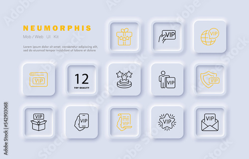 VIP status set icon. Place, badge, star, celebrity, box, phone, planet, website, shield, letter, privilege, business class, privileged, dear, reward, prize, gift, guest, expert. Society. Neomorphism