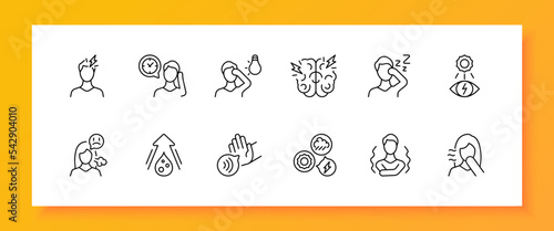Bad feeling set icon. Headache, migraine, photosensitivity, bad mood, brain, drowsiness, dehydration, weather dependence, chills, cough, rest. Healthcare concept. Vector line icon