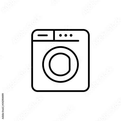 Washing machine line icon. Household appliances, wash, dirty laundry, bed sheets, linen, bedclothes, water, powder, soap, clothes. Cleaning concept. Vector line icon in white background