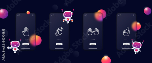 Hand gestures set icon. Index finger, fist, cool, deafmute, respect, salute, thumb up, waving, down. Gestures for the deaf concept. Glassmorphism. UI phone app screens