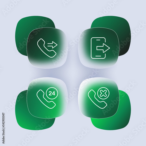 Contact us set icon. Phone, handset, calls all over the planet, 24 on 7, around the clock, communication, gear, review, emoticon, geolocation, gps. Phone concept. Glassmorphism style