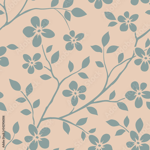 Seamless pattern with beautiful vintage Sakura and decorative branch silhouette. Wallpaper with blue flower in old antique style on background. Vector stock illustration