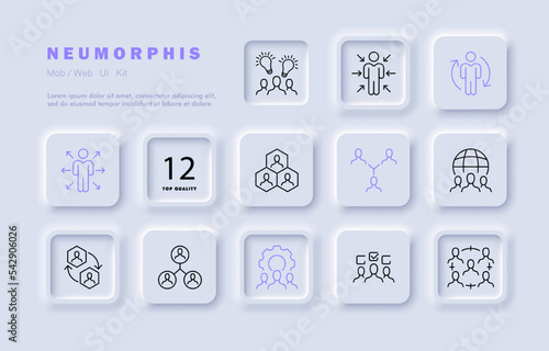 Team building set icon. Idea, creativity, hierarchy, responsibilities, management, subordination, setup, configuration, check mark, boss, director. Team work concept. Neomorphism style