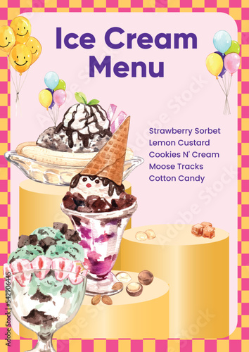 Menu template with sundae ice cream concept, watercolor style