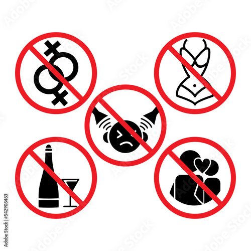 forbidden icon set, faggot, sexy clothes, girlfriend meeting, booze, loud music. with flat design