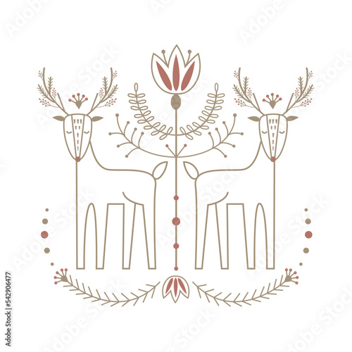 Christmas greeting card and invitation isolated on background. Vector with scandinavian ornaments and deers hand drawn designs. Vector elements for Xmas