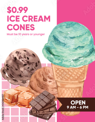 Poster template with sundae ice cream concept, watercolor style