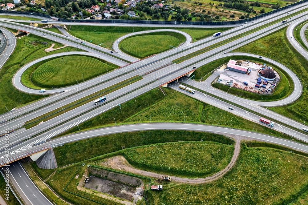 Communication nodes on the S7 expressway in Poland as seen from the air from a drone